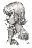 Sexy Woman, short white bob hairstyle, Petite Body, huge cleavage, Thick Thighs, Big booty, Smoking cigarette, side view tattoo design idea