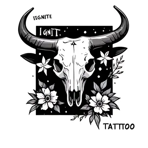 bull skull, with words IGNITE with flowers and stars tattoo design idea