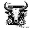 bull skull, with words IGNITE with flowers and stars tattoo design idea