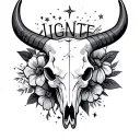 bull skull, with words IGNITE with flowers and stars tattoo design idea