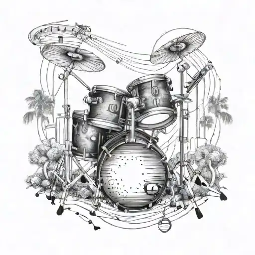 An intricate tattoo design featuring a drum set surrounded by world landmarks to represent your love for music and traveling tattoo design idea
