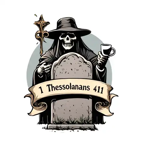 tombstone with a banner that says 1 Thessalonians 4:11 and a grim reaper behind it holding coffee tattoo design idea