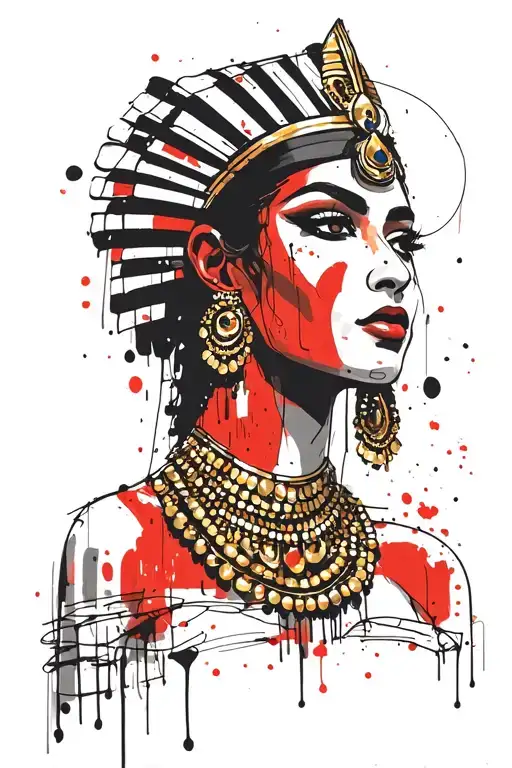 sketch in graphic style. cleopatra, decorated with gold and beads. position of the face front. expressive eyes. straight hair tattoo design idea