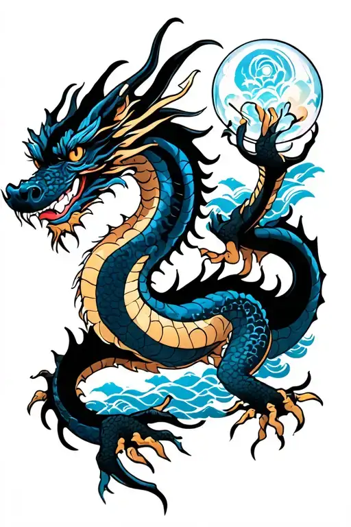 asian style dragon holding a clear orb black with blue accents with a nautical background tattoo design idea