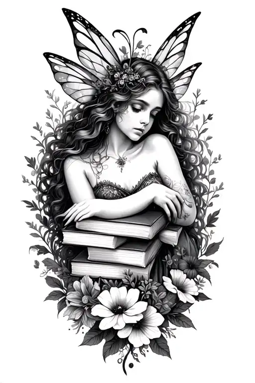 fairy, woods, books surrounded by florals tattoo design idea