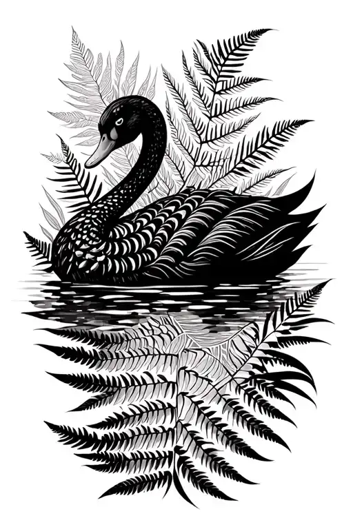 black swan with a fern plant surrounding  tattoo design idea