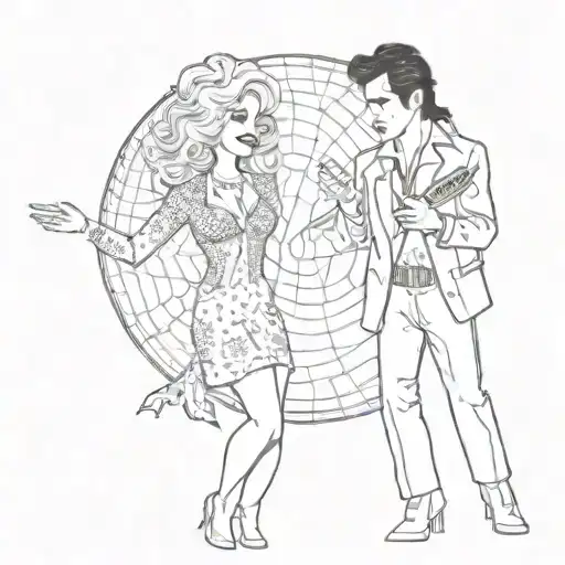 A tattoo design of Dolly Parton and Elvis Presley dancing under a cheetah print disco ball tattoo design idea