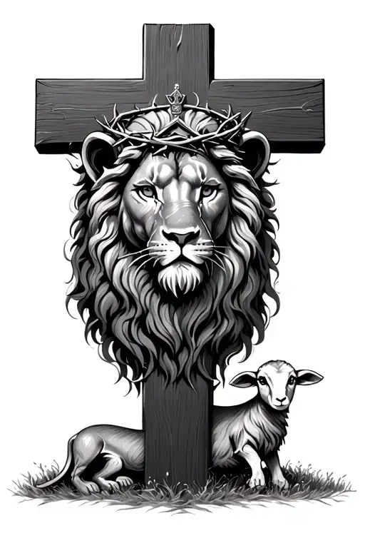 lion with crown of thorns inside a cross with a lamb at the foot of the cross tattoo design idea