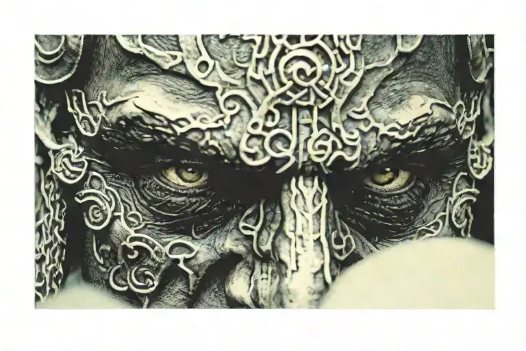 Intense close up of Viking's face, semi necrotic face, severe decay and texture visible, left eye missing tattoo design idea