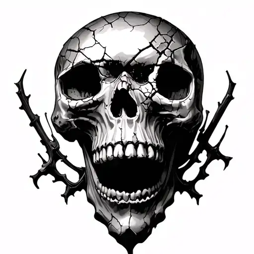 battle-worn skull, not fantasy-pretty. Cracked, aged, disciplined tattoo design idea
