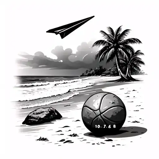 a beach with a paper plane flying over it, on the beach a basketball and a stone with 10.07.68 on it tattoo design idea
