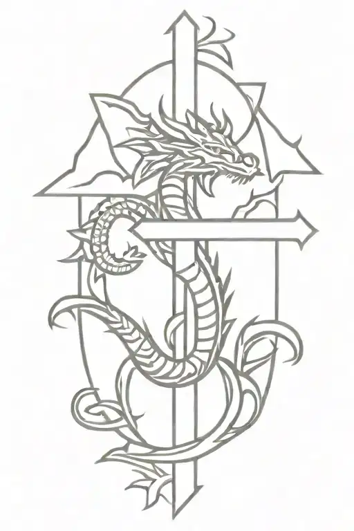 small cross with Aztec dragon wrapped tattoo design idea