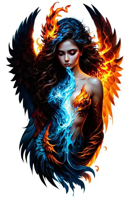 Phoenix Angel Woman half ice half fire tattoo design idea