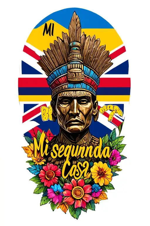"Mi segunda casa" aztec statue, colourful flowers, colombia flag and union jack flag as backdrop tattoo design idea