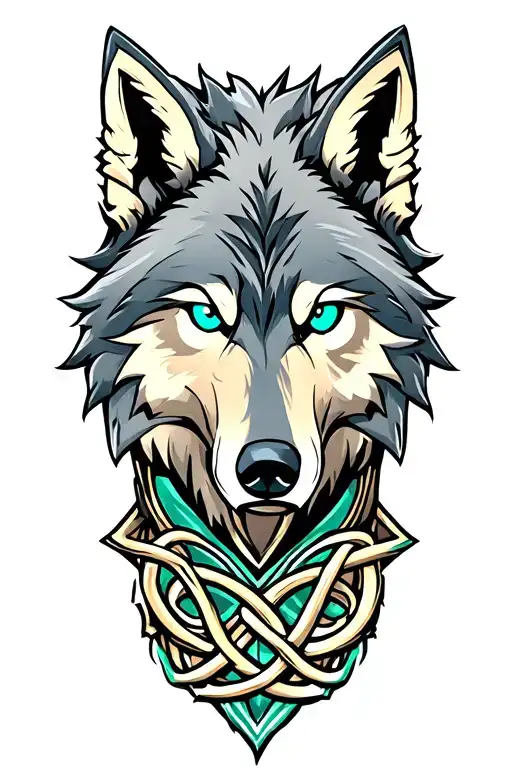 green scale wolf with blue eyes on armor tattoo design featuring Celtic trinity knot  tattoo design idea