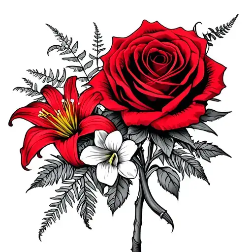 long stem red rose, lily's, daffodils, fern leaves, snake tattoo design idea