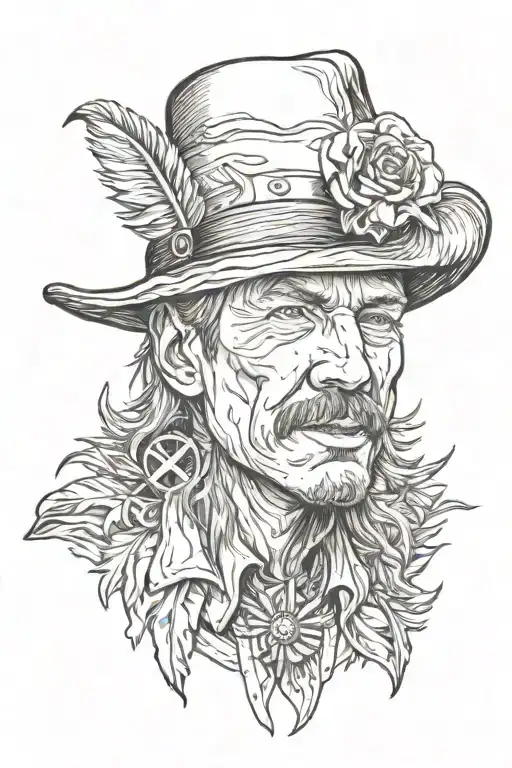 gord downey from tragically hip with feather fedora hat on drawn in the style the iron maiden mascot eddie is done in  tattoo design idea