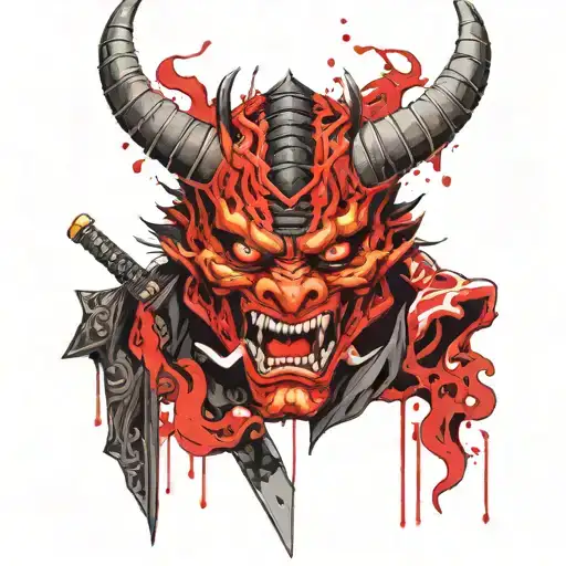 oni mask with katana sword in its mouth and dragon tattoo design idea