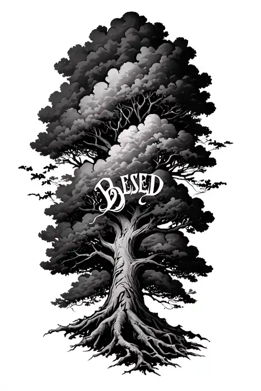 I want a big thick tree with clouds surrounding it I want the tattoo to be black and I want the word “BLESSED” in it tattoo design idea