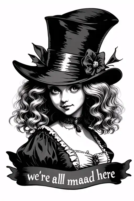 dark Alice in Wonderland wearing the mad hatter's hat. Have the text "we're all mad here" below the image  and surround  tattoo design idea