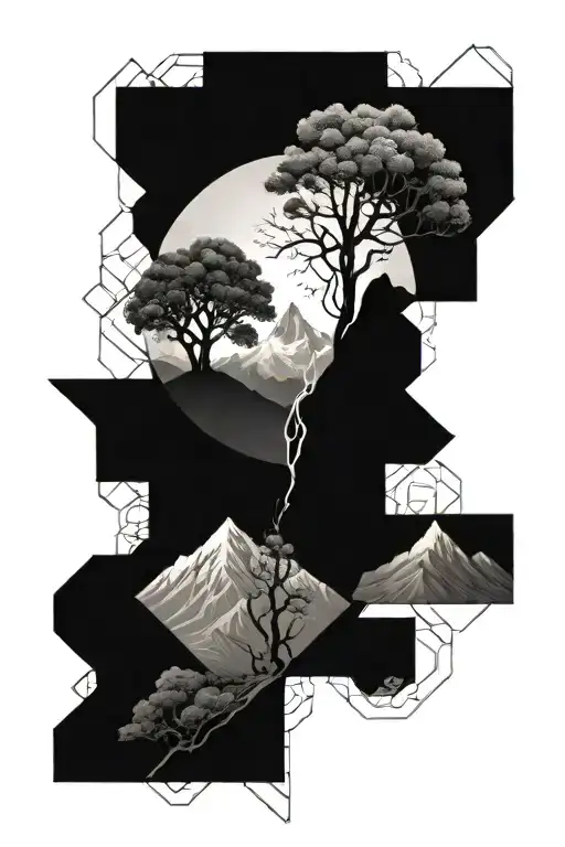 snowy mountains, thunderstorms, and the tree of life intertwined tattoo design idea