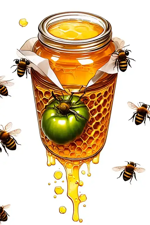 Jar of honey covered with bees wax paper with honey comb inside beside a green tomatoes with bees flying around tattoo design idea