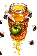 Jar of honey covered with bees wax paper with honey comb inside beside a green tomatoes with bees flying around tattoo design idea