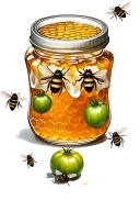 Jar of honey covered with bees wax paper with honey comb inside beside a green tomatoes with bees flying around tattoo design idea