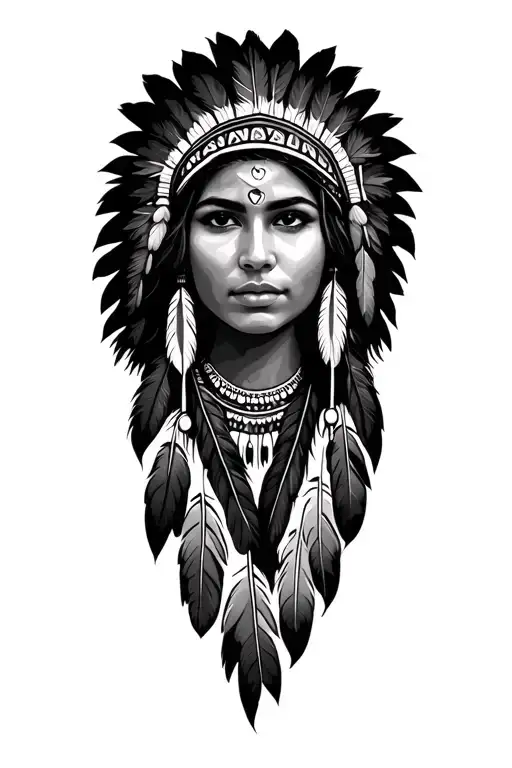 Beautiful native american woman with head feathers tattoo design idea