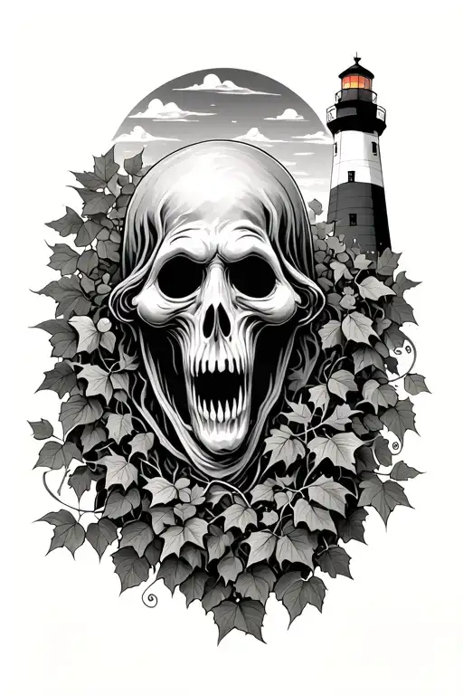 sheet ghost bust with ivy and a lighthouse in the background tattoo design idea