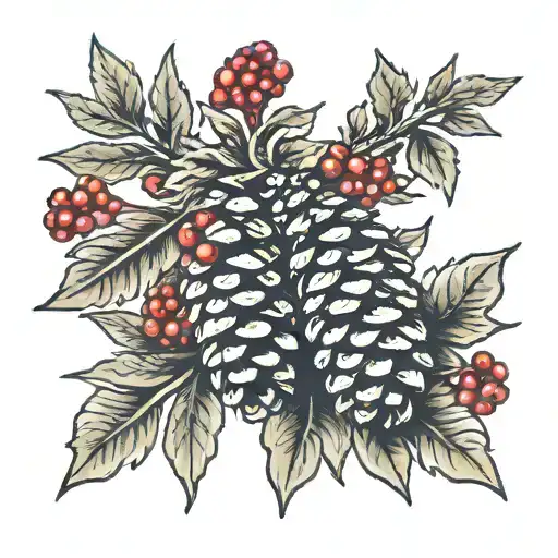 2 pinecones with berries mountain scene tattoo design idea