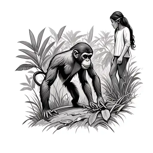 monkey going down a forest while monkeys mom is looking over him tattoo design idea