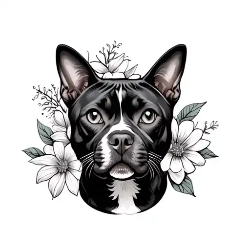 Pit bull cat flowers tattoo design idea