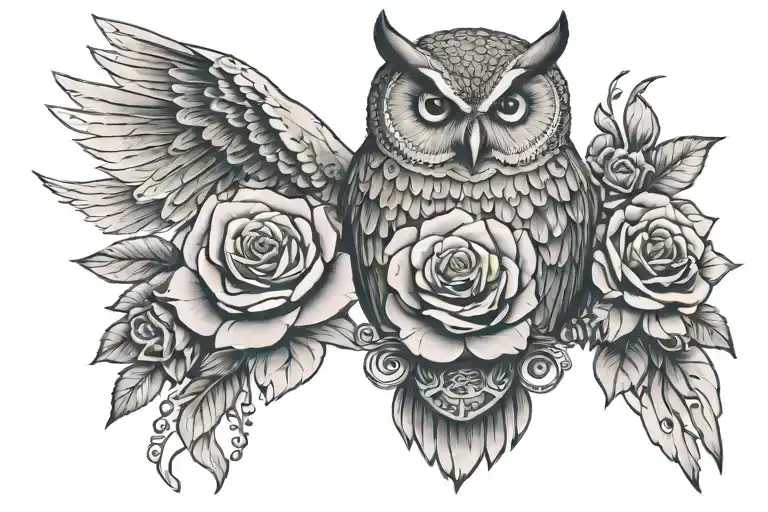 gray owl, gladiator, gear, goth girl, rose tattoo design idea