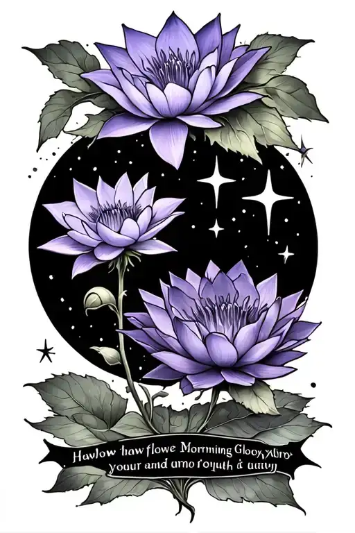 SPINE TAT INCLUDING VIOLET FLOWER WATER LILY FLOWER HAWTHORN FLOWER MORNING GLORY FLOWER MOON STARS AND QUOTE tattoo design idea