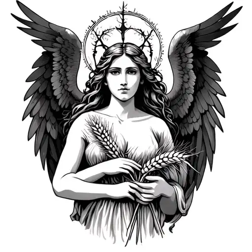 Virgo Maiden holding wheat with wings tattoo design idea