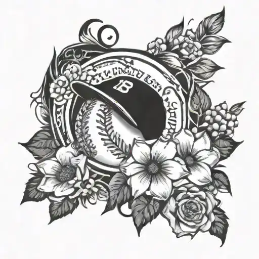 baseball and flowers surrounding tattoo design idea