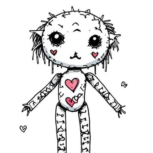 cute creature-like voodoo doll sewing itself back up and has some stitched on hearts and needles in it tattoo design idea