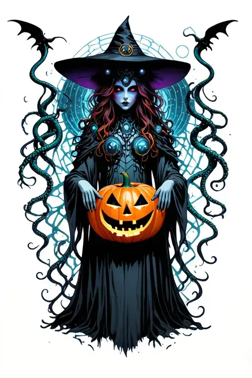 cyber witch holding jack-o'-lantern, tentacles, space, eldritch tattoo design idea