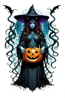 cyber witch holding jack-o'-lantern, tentacles, space, eldritch tattoo design idea