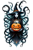 cyber witch holding jack-o'-lantern, tentacles, space, eldritch tattoo design idea