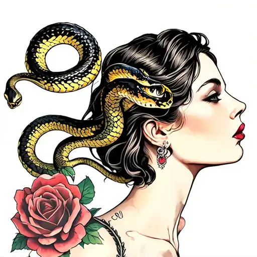 three-quarter length woman looking up with snake and roses tattoo design idea