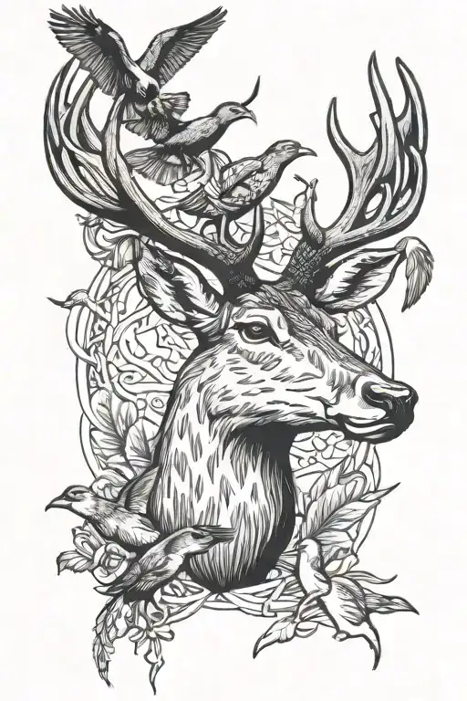 red deer head with mallard ducks flying tattoo design idea