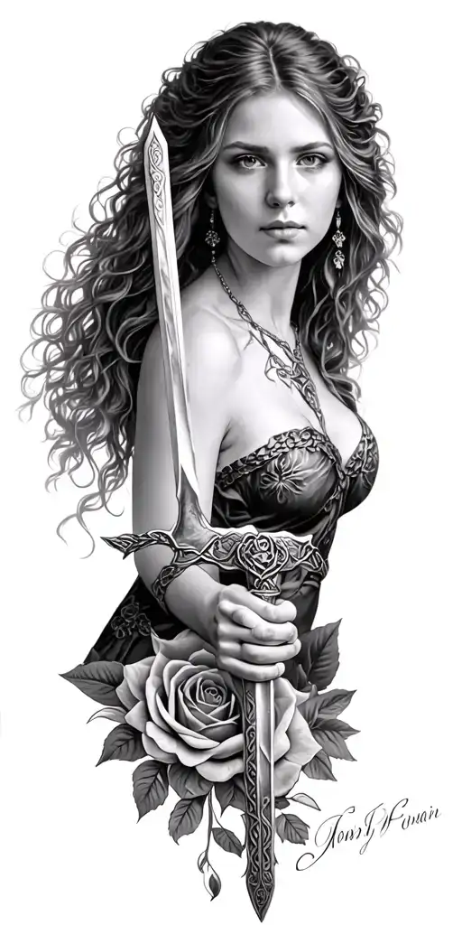 Celtic woman posing holding a sword  and the woman is surrounded in a circle of roses tattoo design idea