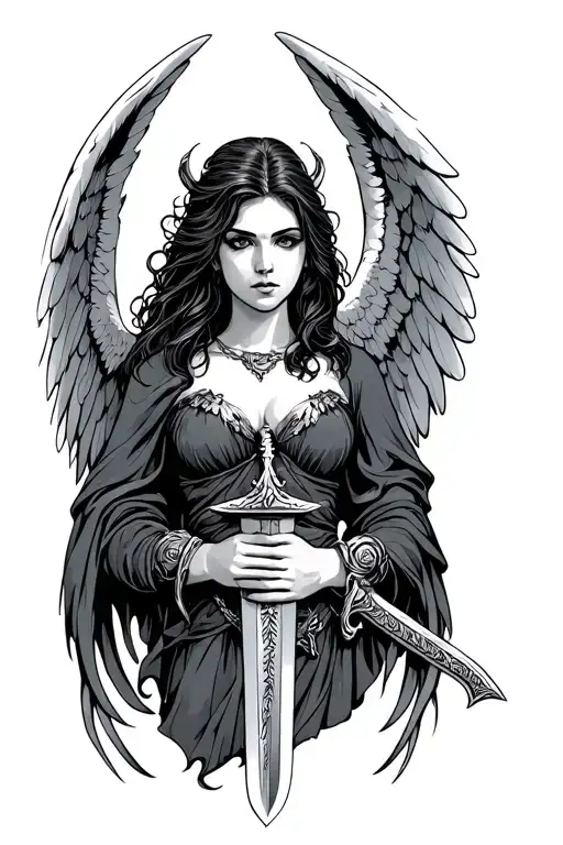 good and evil female angel holding a sword tattoo design idea