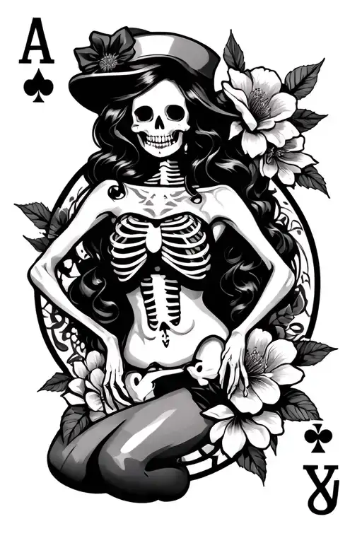 pinup girl, skeleton, ace playing card, 8 playing card, flowers, cute tattoo design idea