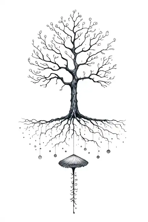 Life tree around the arm, coection lines with a mycelium and a fungus, add connection line with 1935 tattoo design idea