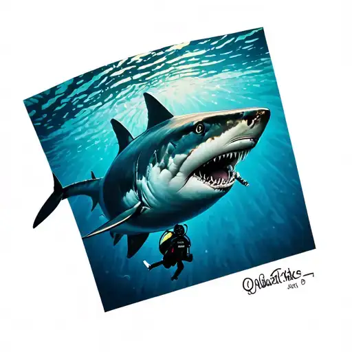 great white shark swimming around a scuba diver in a shark cage tattoo design idea