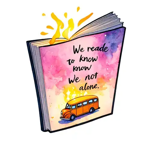 open book with pages lit up and a quote coming out of it " We reade to know we're not alone"  and a little bus tattoo design idea