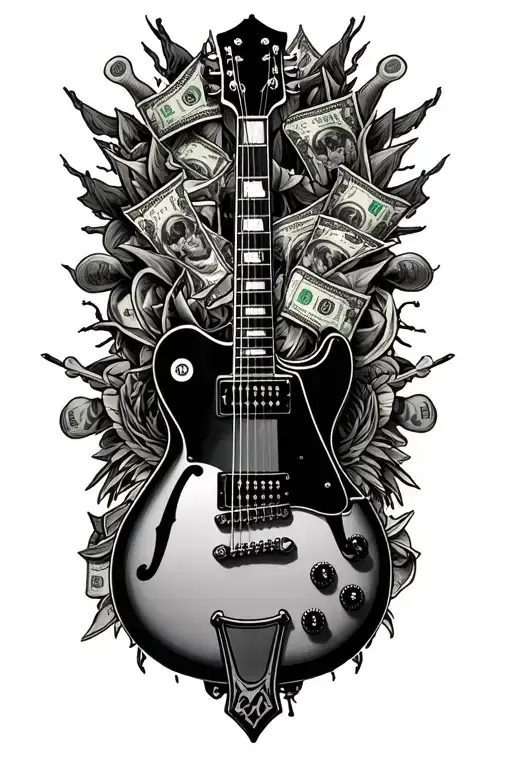 dire straits money for nothing guitar, surrounded by philigree tattoo design idea